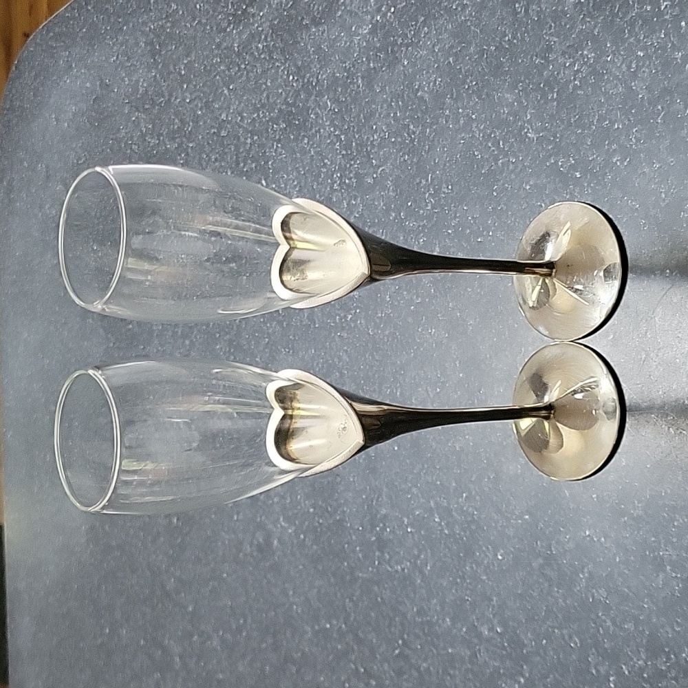 2 LENOX Crystal Champagne Flute Wedding Anniversary Silverplate Stems Heart Vtg
